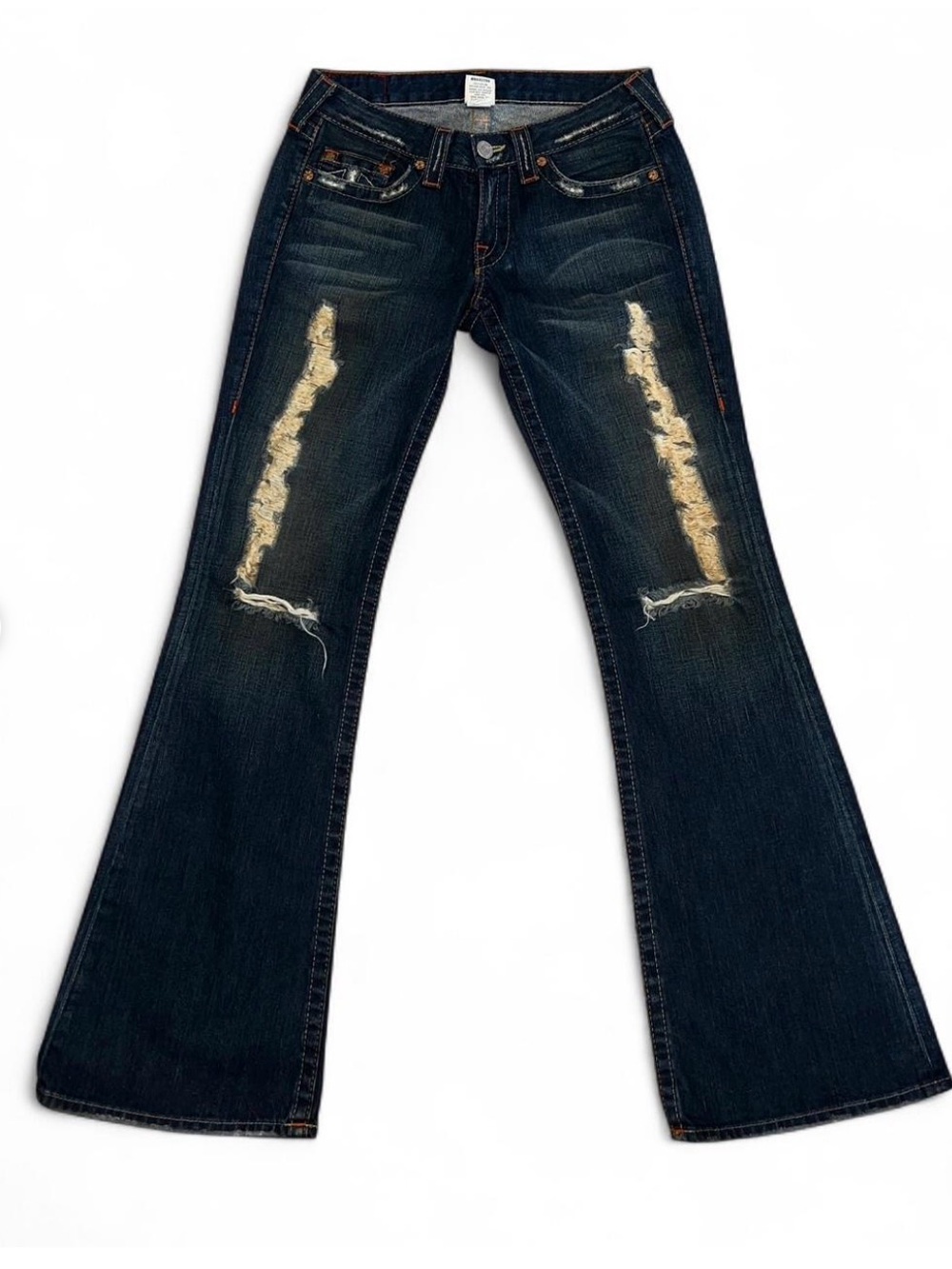 True Religion Women’s Dark Blue Distressed Flare Jeans in perfect condition